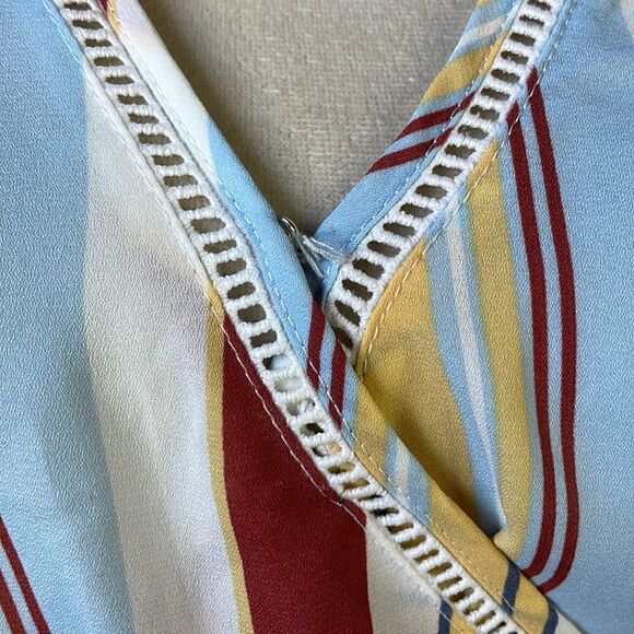 Pink Rose Retro 70s Vibe Faux Wrap Striped Peplum Blouse (Size: Large) - Picture 6 of 12